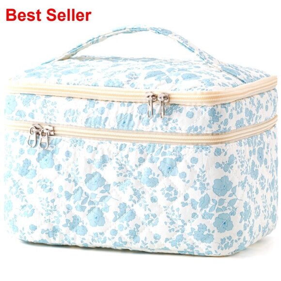 Handbags - Large Quilted Cotton Makeup Bag with Handle, Travel Cosmetic Organizer
